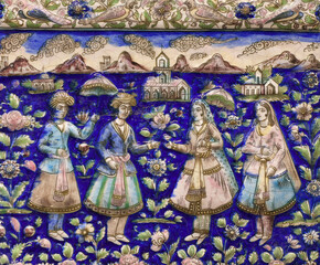 Ancient Iranian handmade oriental glazed tile on the wall in Abu-Nasr palace in Shiraz, Iran