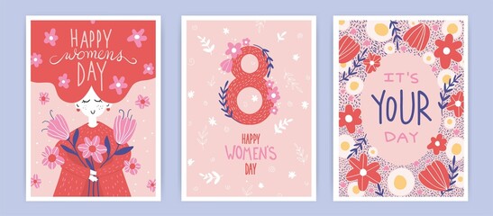 Set of vector greeting card or postcard templates with hand drawn flower bouquet, floral wreath, women and Happy Womens Day wish. Modern festive vector illustration for 8 March celebration.