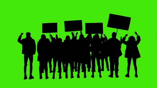 Group of protesters holding signs, banners silhouette on green screen.
