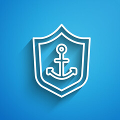 White line Anchor inside shield icon isolated on blue background. Long shadow. Vector