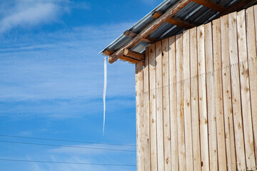 Dangerous drooping ice. The puddle dripping from the roof became a sharp icicle. The ice formed on the nail of the wooden house is drooping.