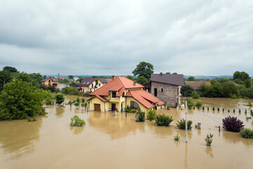 Aerial view of flooded houses with dirty water of Dnister river in Halych town, western Ukraine.