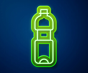 Glowing neon line Bottle of water icon isolated on blue background. Soda aqua drink sign. Vector