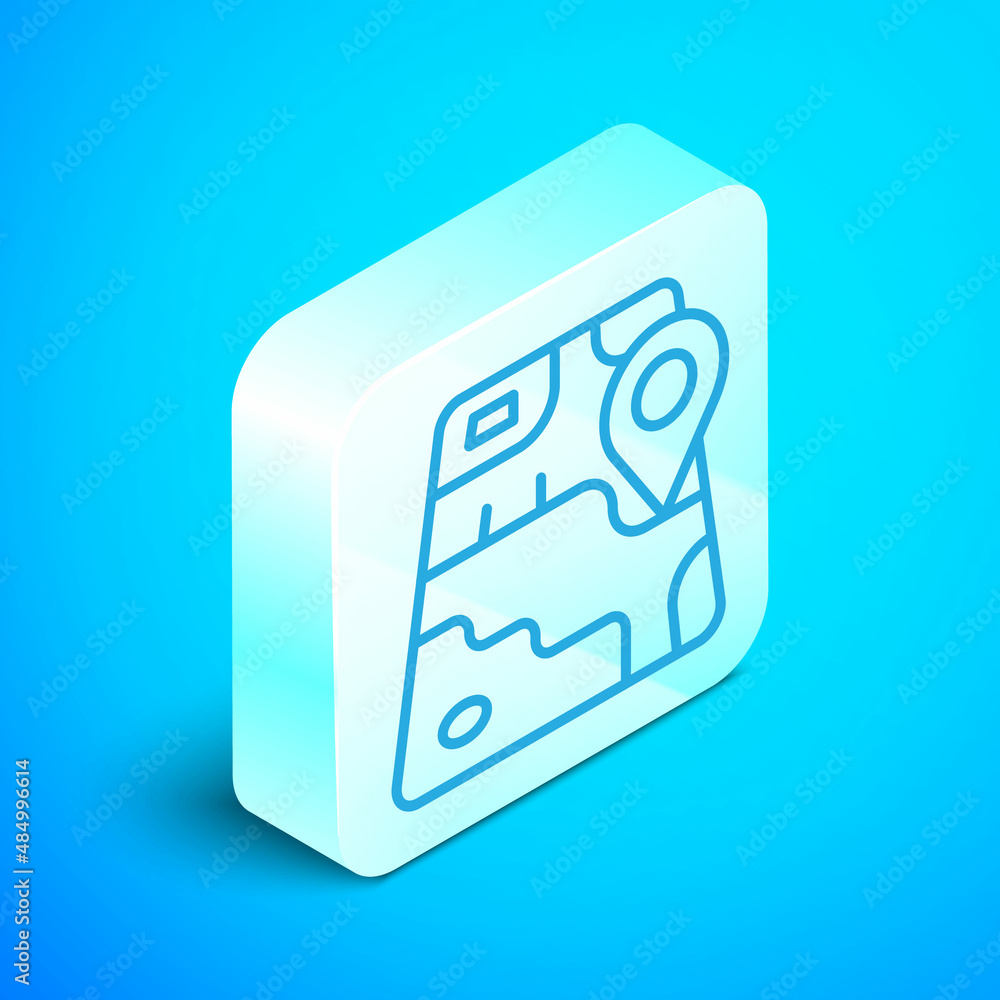 Poster isometric line infographic of city map navigation icon isolated on blue background. mobile app inter
