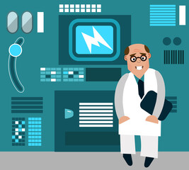 Scientist on the background of experimental equipment. Cartoon character. Vector illustration