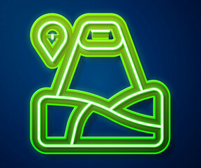 Glowing neon line Map pointer with mountain icon isolated on blue background. Mountains travel icon. Vector