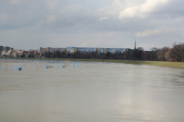 Obrazy na Plexi  Miasto wrocław wysoka fala powodziowa spowodowana rzeka Odra.