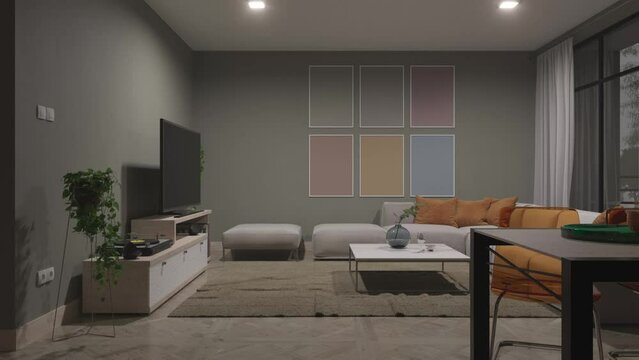 Illuminated Open Plan Living Room Behind the Dining Table at Night 3D Rendering