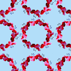 Hand-painted pink hibiscus flower circle frame for wreath on blue. Seamless pattern. Watercolor illustration. Design for fabric textile wallpaper packaging wrapping paper wedding issues greeting card