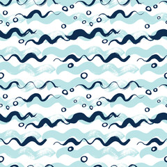 Waves and the outline of a sailboat. Seamless pattern. Vector illustration. Blue color.