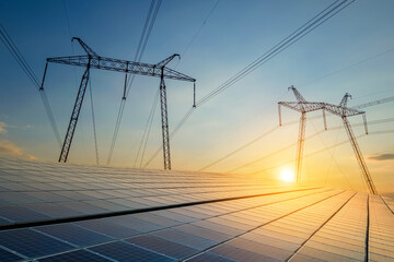 High voltage towers with electric power lines transfering energy from solar photovoltaic panels at...