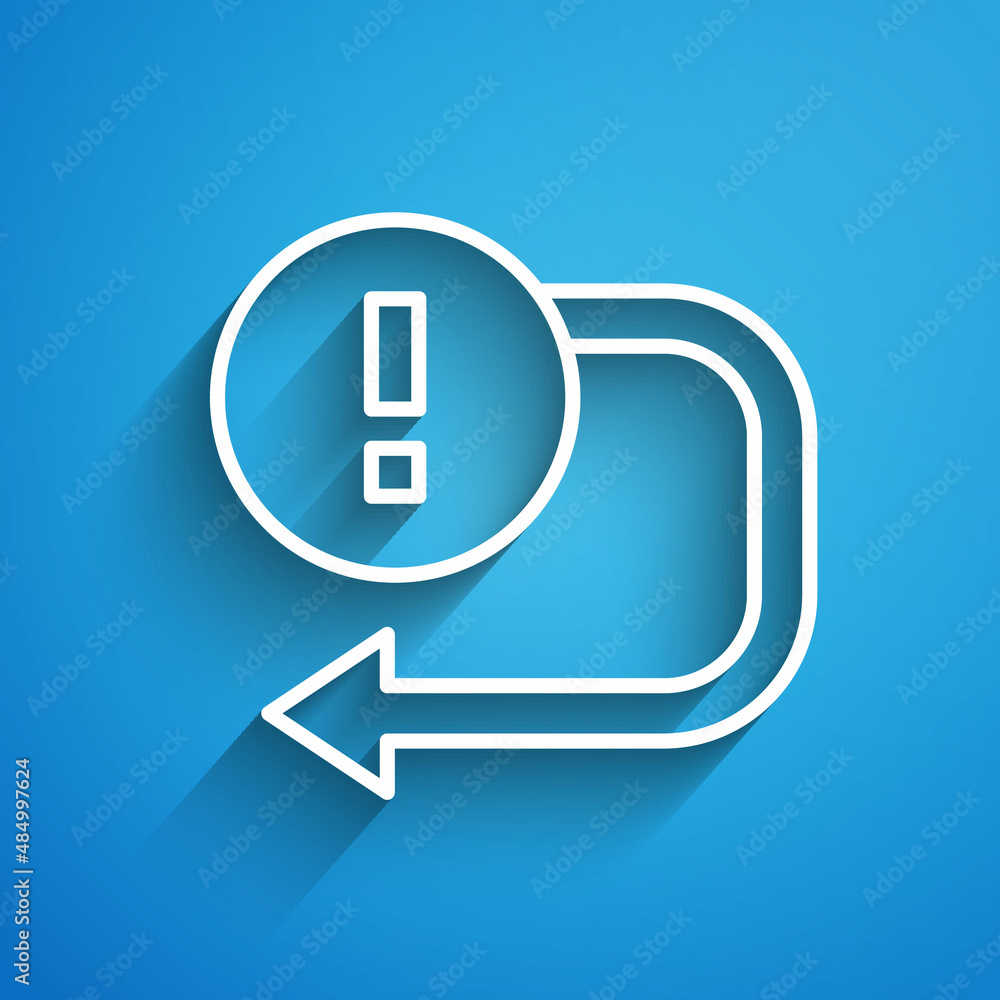 Poster white line arrow icon isolated on blue background. direction arrowhead symbol. navigation pointer si