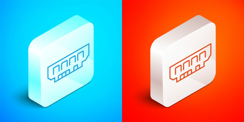 Isometric line RAM, random access memory icon isolated on blue and red background. Silver square button. Vector