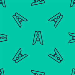Blue line Old wood clothes pin icon isolated seamless pattern on green background. Clothes peg. Vector