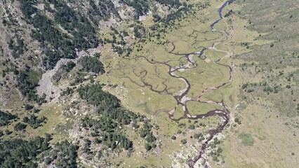survol d'un lac de montagne et des forets dans les Pyrénées-Orientales, sud de la France, parc naturel des Bouillouses
