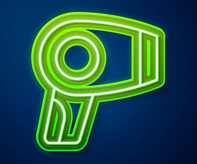 Glowing neon line Hair dryer icon isolated on blue background. Hairdryer sign. Hair drying symbol. Blowing hot air. Vector