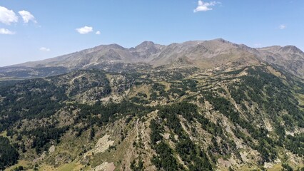 Fototapeta na wymiar survol d'un lac de montagne et des forets dans les Pyrénées-Orientales, sud de la France, parc naturel des Bouillouses 