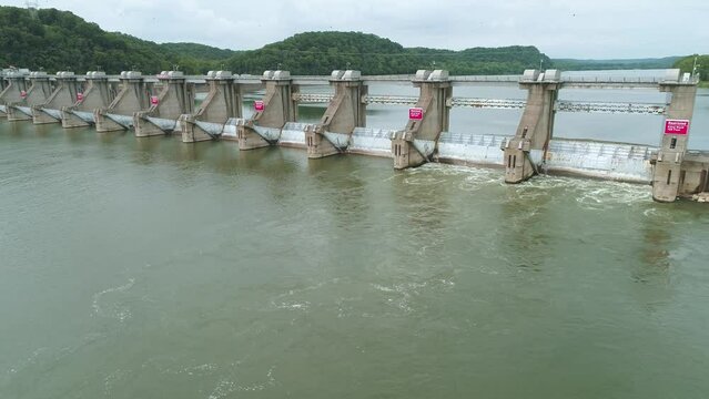 Aerial Footage of Ohio River Lock and Dam system between Indiana and Kentucky. 