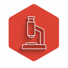 White line Microscope icon isolated with long shadow background. Chemistry, pharmaceutical instrument, microbiology magnifying tool. Red hexagon button. Vector