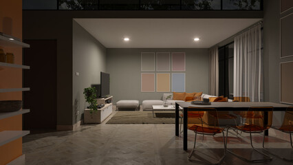 Illuminated Open Plan Living Room Behind the Dining Table at Night 3D Rendering