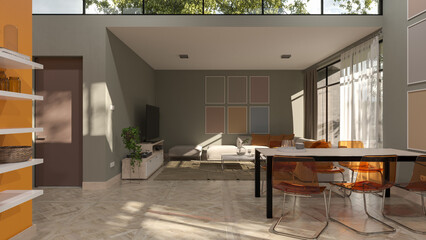 Open Plan Living Room Design with a Glass Ceiling in Natural Daylight 3D Rendering