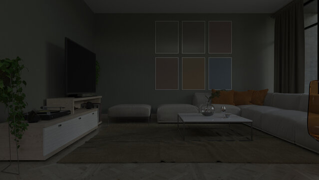 Side View of a Furnished Living Room in Dim Light 3D Rendering