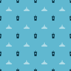 Set Paper glass with straw and City landscape on seamless pattern. Vector