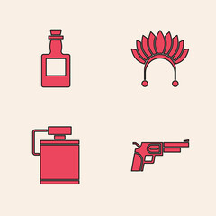 Set Revolver gun, Tequila bottle, Indian headdress with feathers and Canteen water icon. Vector