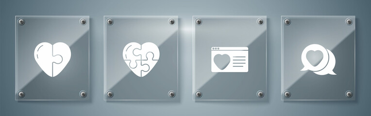 Set Heart in speech bubble, Dating app online, and . Square glass panels. Vector
