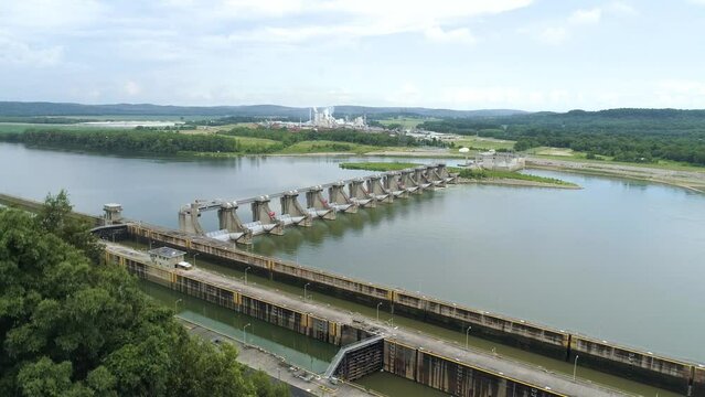 Aerial Footage of Ohio River Lock and Dam system between Indiana and Kentucky. 