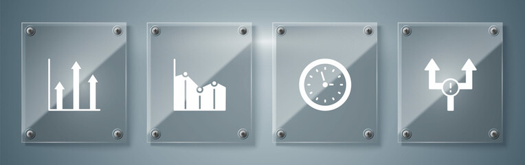Set Arrow, Clock, Pie chart infographic and . Square glass panels. Vector