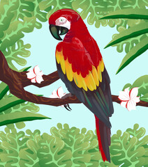 macaw parrot on a branch with plant background vector illustration