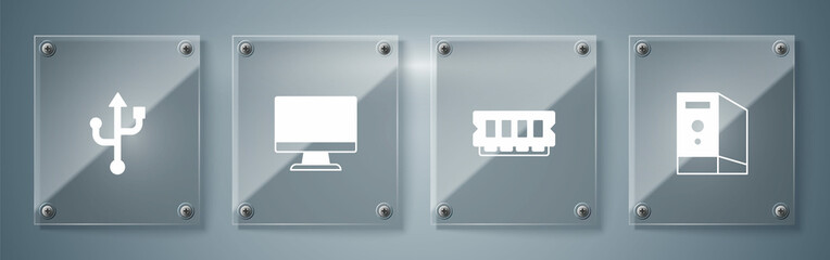 Set Case of computer, RAM, random access memory, Computer monitor screen and USB. Square glass panels. Vector