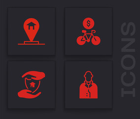 Set Realtor, Location house, Bicycle rental mobile app and House with shield icon. Vector