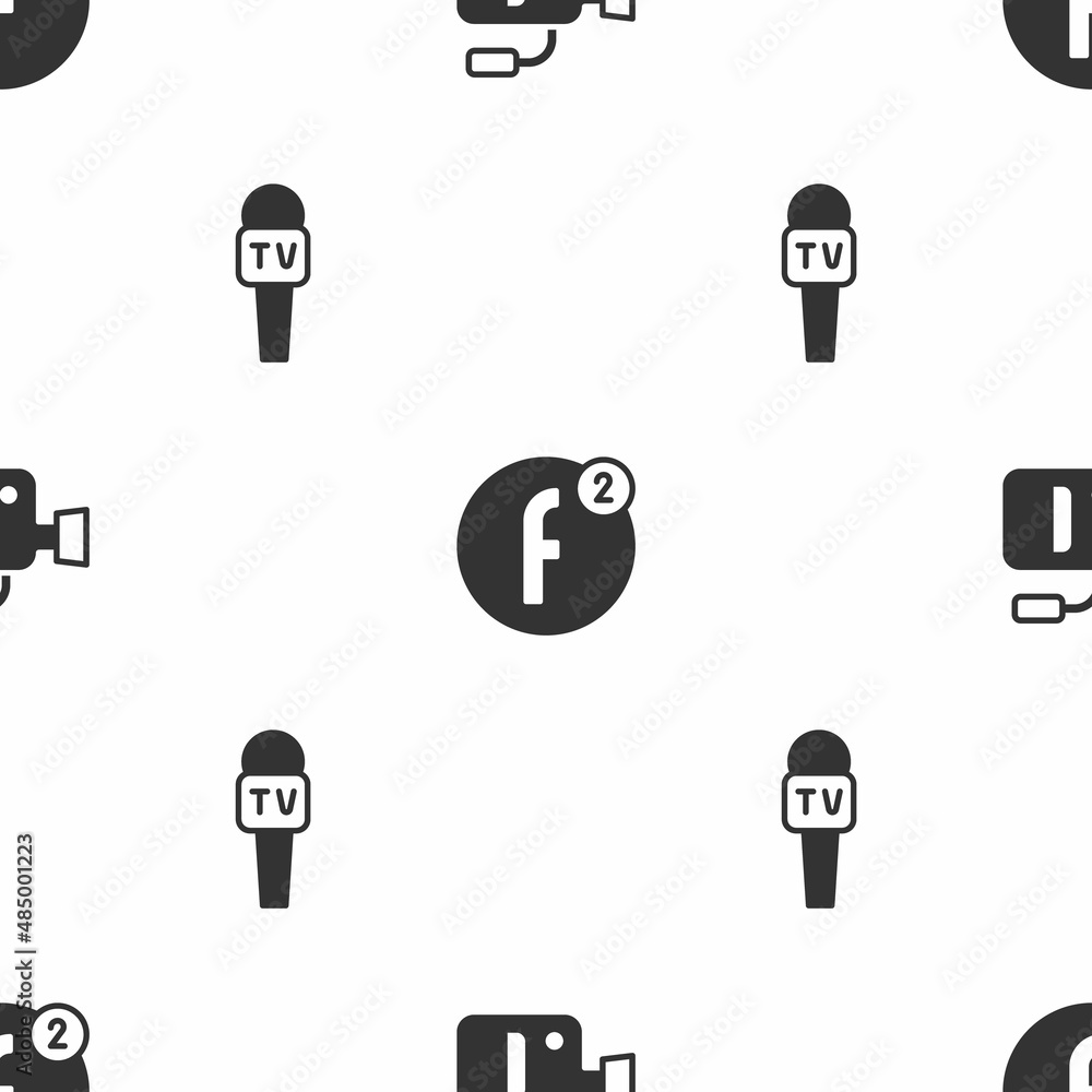 Poster set cinema camera, create account and microphone on seamless pattern. vector