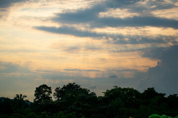 sunset with sun rays over a tropical dry forest