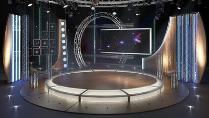 Virtual TV Studio Set. Green screen background. 3d Rendering