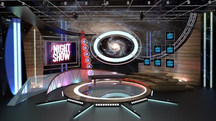Virtual TV Studio Set. Green screen background. 3d Rendering