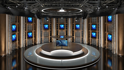 Virtual TV Studio Set. Green screen background. 3d Rendering