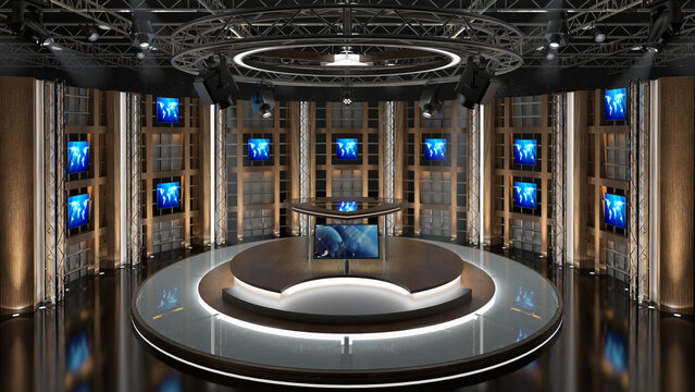 Virtual TV Studio Set. Green screen background. 3d Rendering