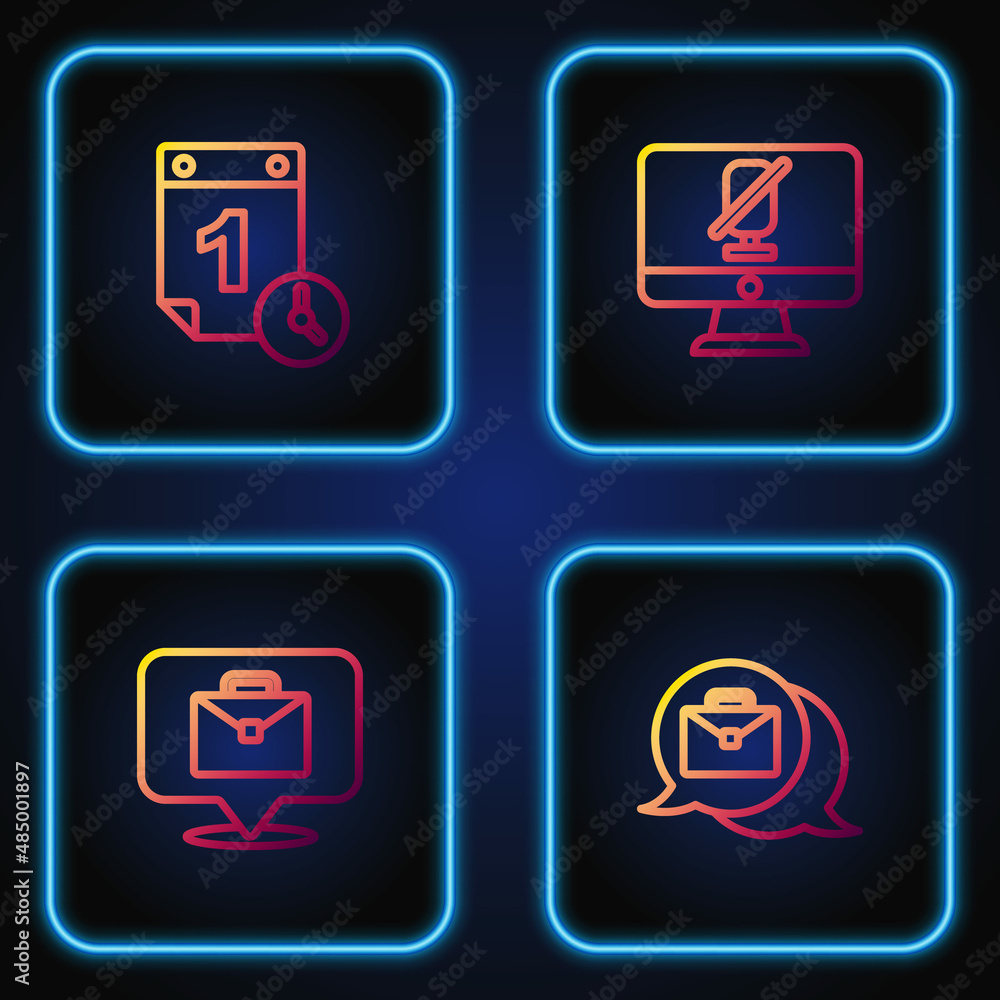Poster set line online working, , time management and mute microphone on computer. gradient color icons. ve
