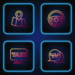 Set line Taxi call telephone service, Location with taxi, Folded map location and Steering wheel. Gradient color icons. Vector