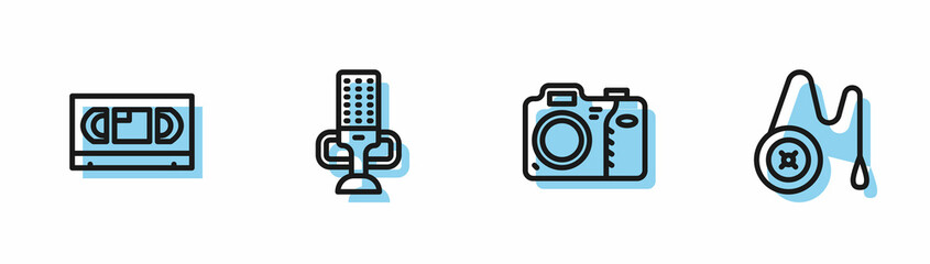 Set line Photo camera, VHS video cassette tape, Microphone and Yoyo toy icon. Vector