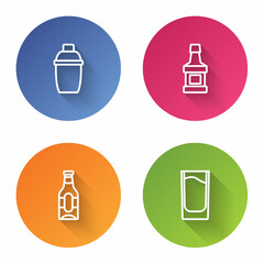 Set line Cocktail shaker, Whiskey bottle, Beer and Shot glass. Color circle button. Vector