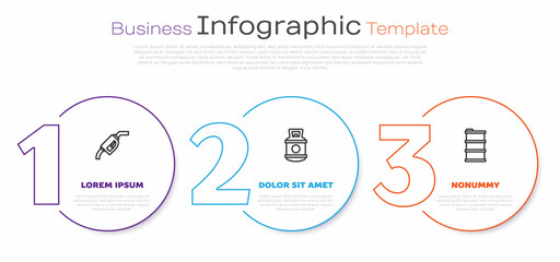 Set line Gasoline pump nozzle, Propane gas tank and Barrel oil. Business infographic template. Vector