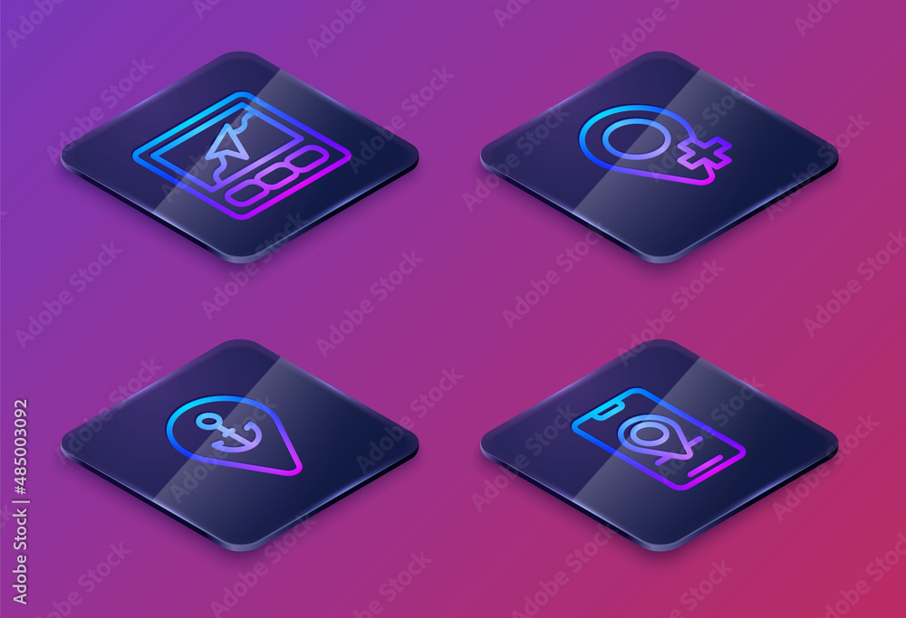 Poster set isometric line gps device with map, location anchor, and city navigation. blue square button. ve