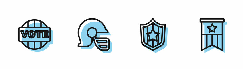 Set line Shield with stars, Vote, American football helmet and flag icon. Vector