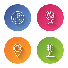 Set line Radar with targets on monitor, Earth globe, Helicopter landing pad and Traffic light. Color circle button. Vector