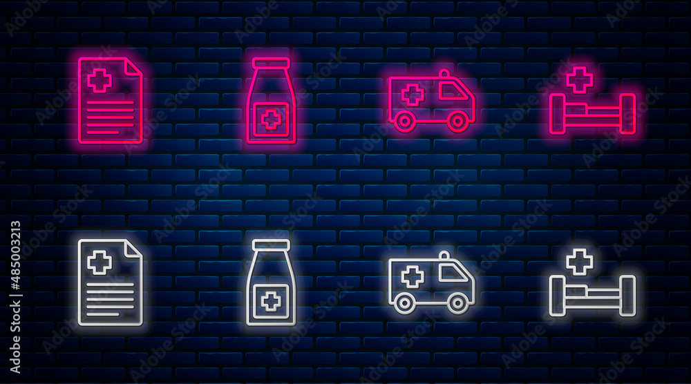 Poster Set line Medicine bottle and pills, Ambulance car, Patient record and Hospital bed. Glowing neon icon on brick wall. Vector