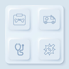 Set line X-ray shots with broken bone, Ambulance car, Stethoscope and Joint pain, knee pain. White square button. Vector